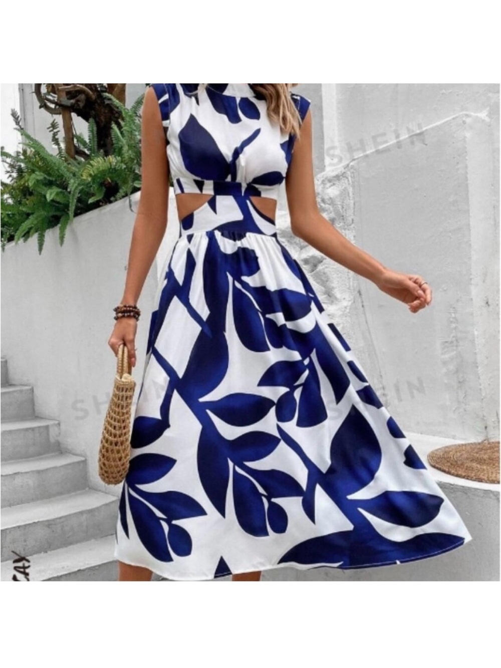 Women’s Brown & white Leaf Print Cutout MaxiDress
